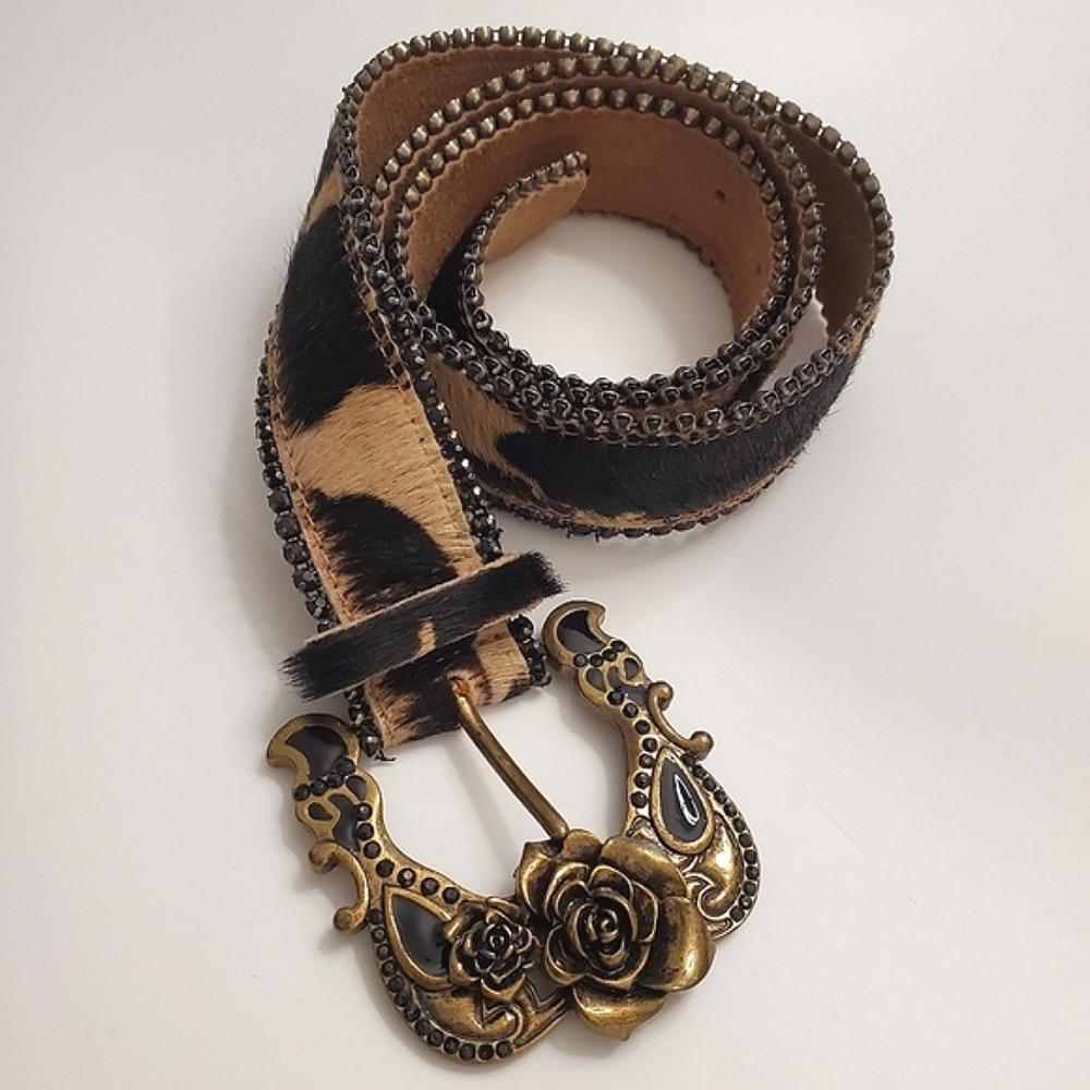 Gold Rose With Black Enamel & Inlaid Stones Cowhide Real Leather Belt 33"-37"